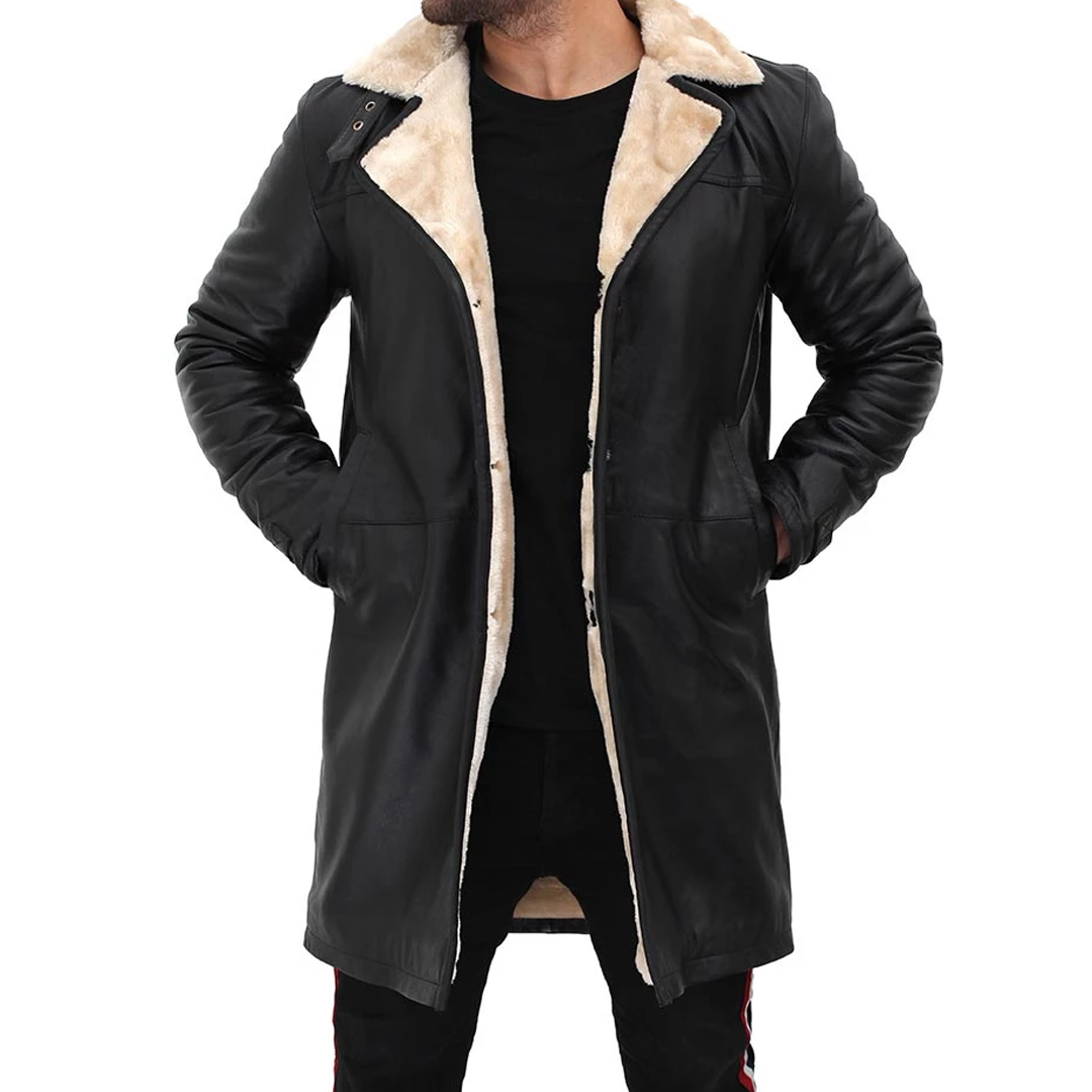 Beige Black Shearling Leather Coat