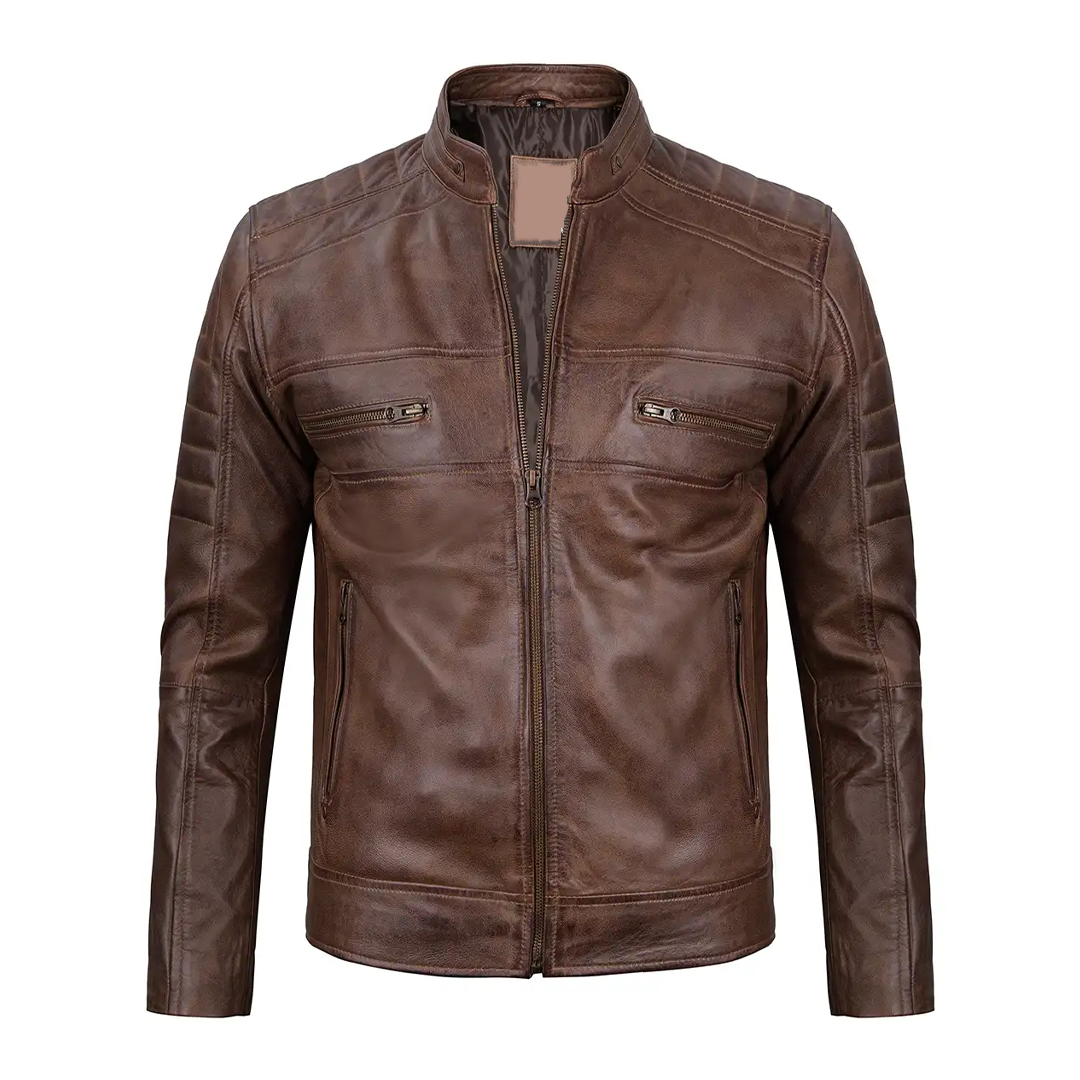 Men's Coffee Brown Distressed Biker Leather Jacket