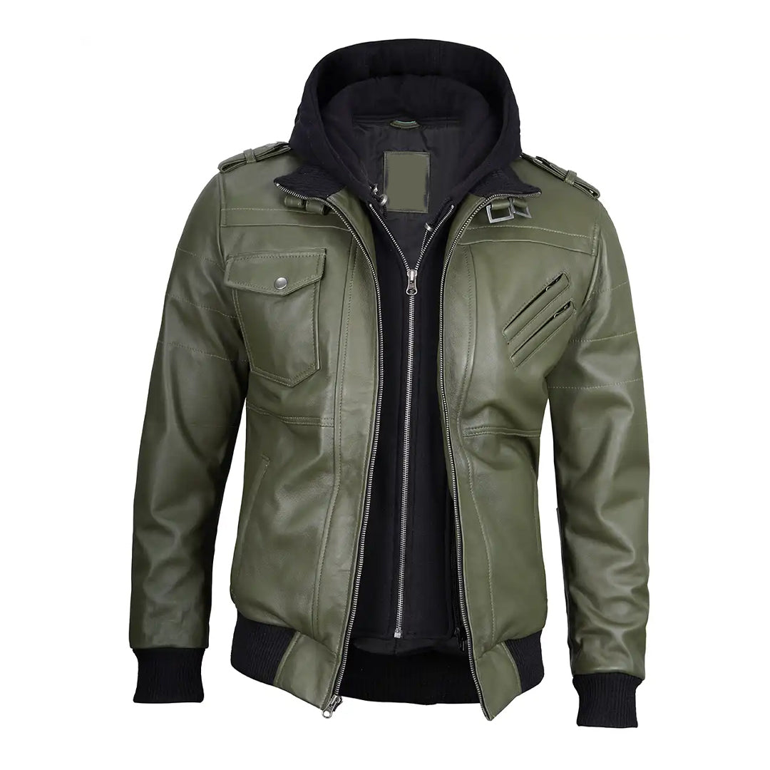 Men's Green Removable Hood Leather Jacket