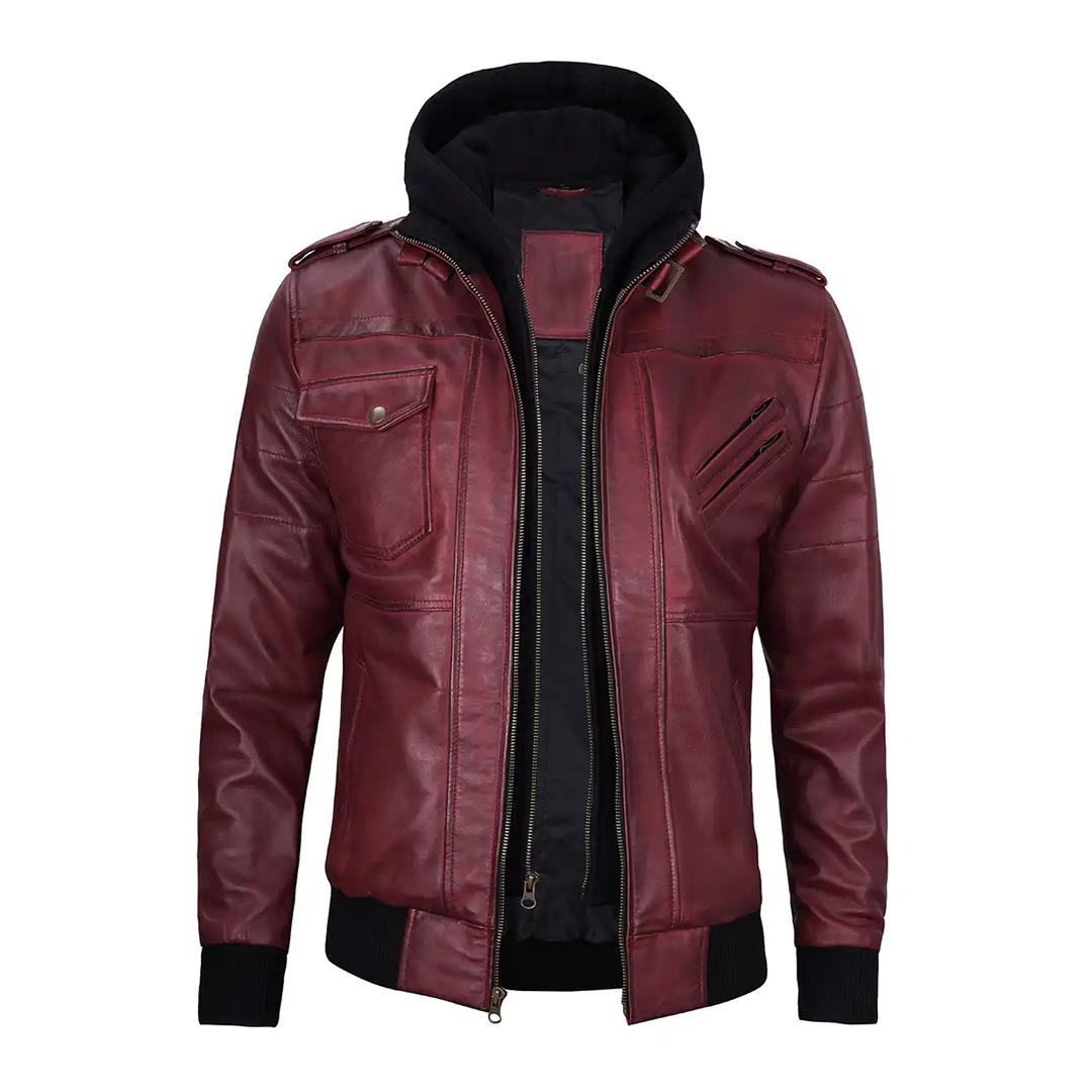 Men's Maroon Removable Hood Leather Jacket