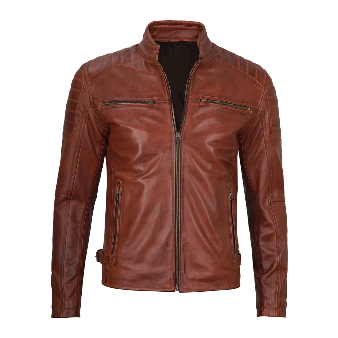 Men's Cognac Brown Military Leather Jacket