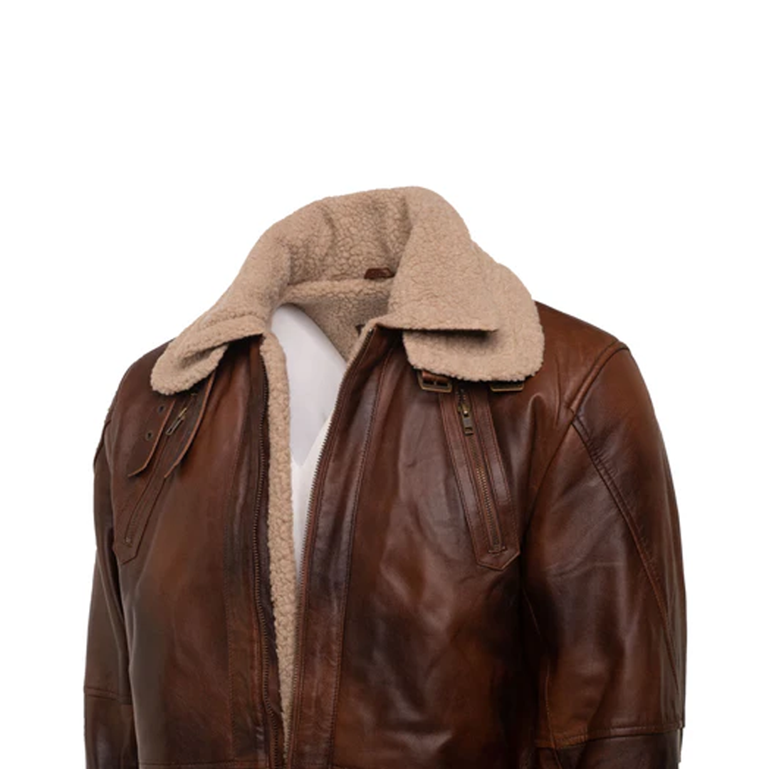 Rust Sherpa Lining Trench Leather Coat