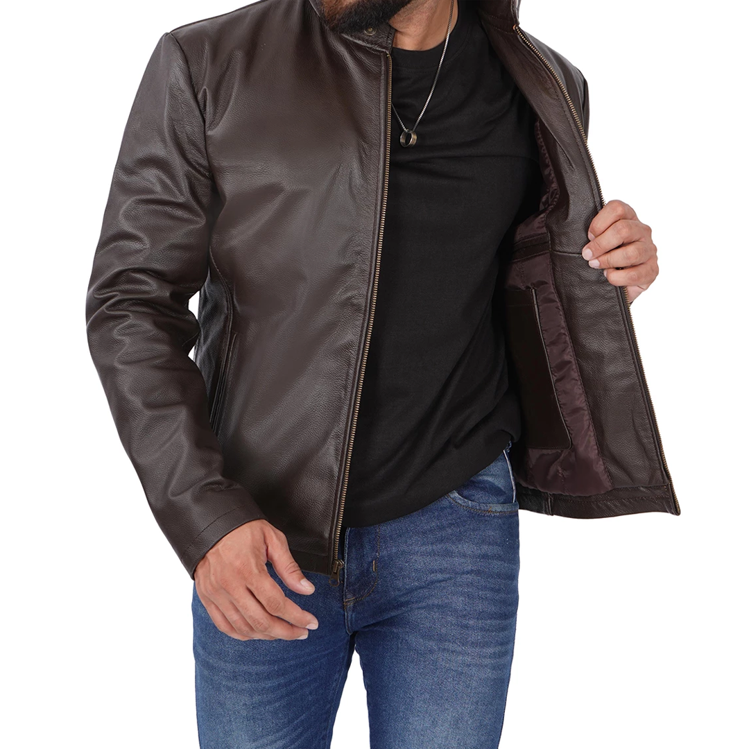 Men's Dark Brown Front Zipper Biker Leather Jacket