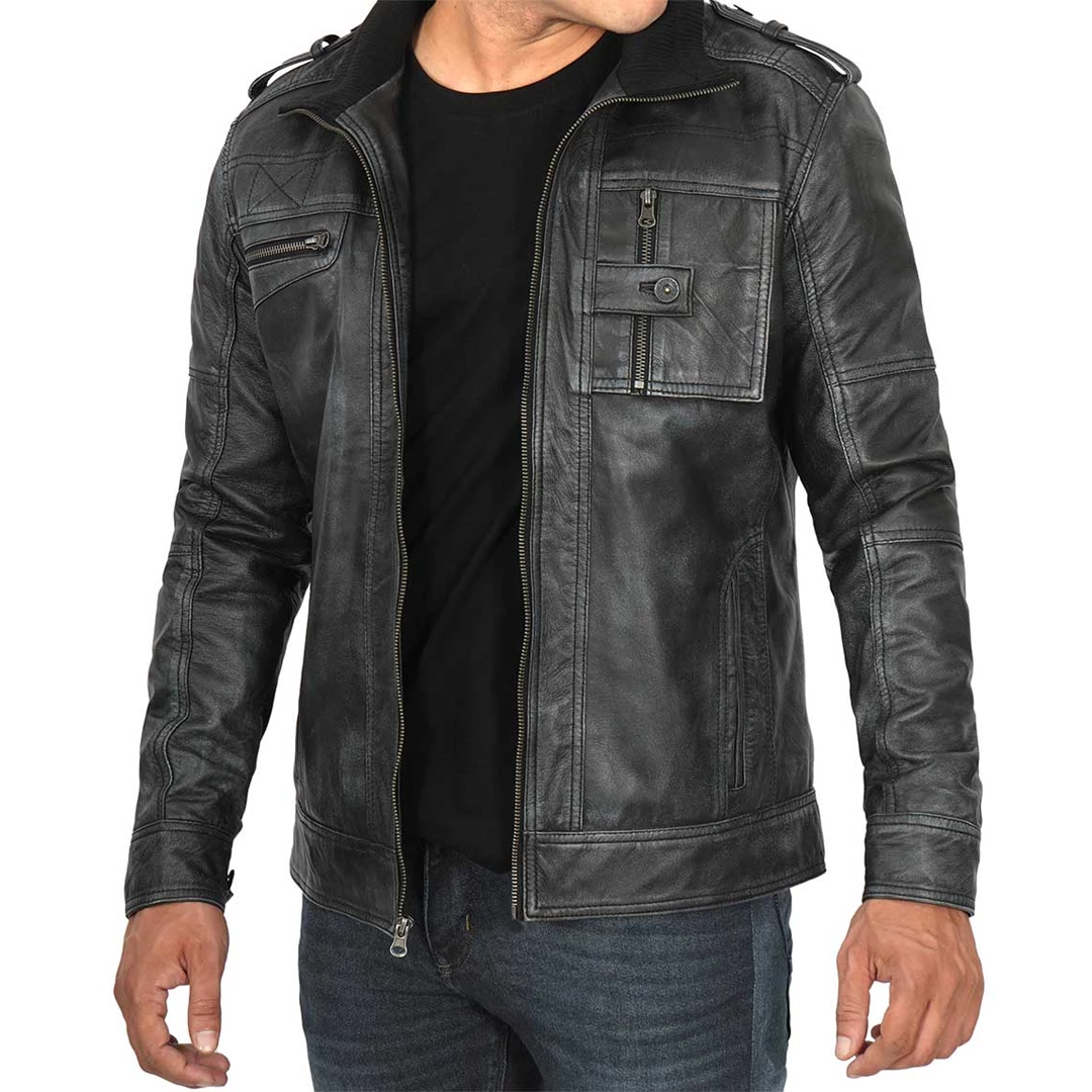 Men's Black Tavares Distressed Leather Biker Jacket