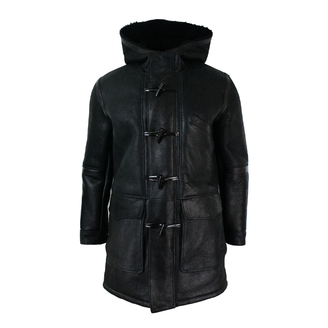 Black Real Hood Duffle Leather Shearling Coat