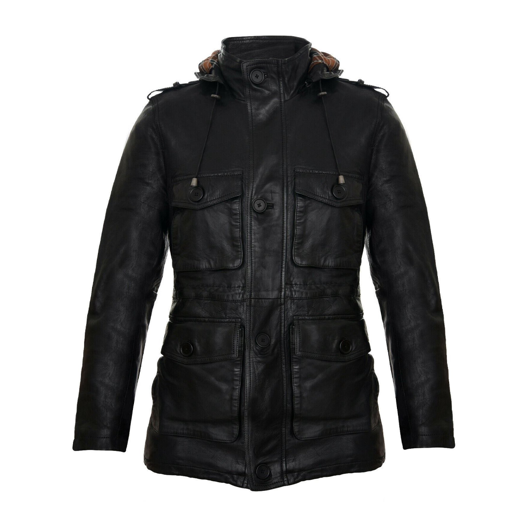 Black Hooded Classic Leather Trench Overcoat