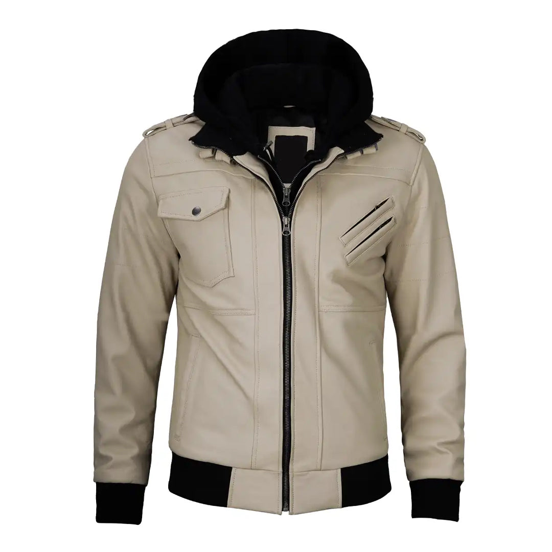 Men's Beige Removable Hood Leather Jacket