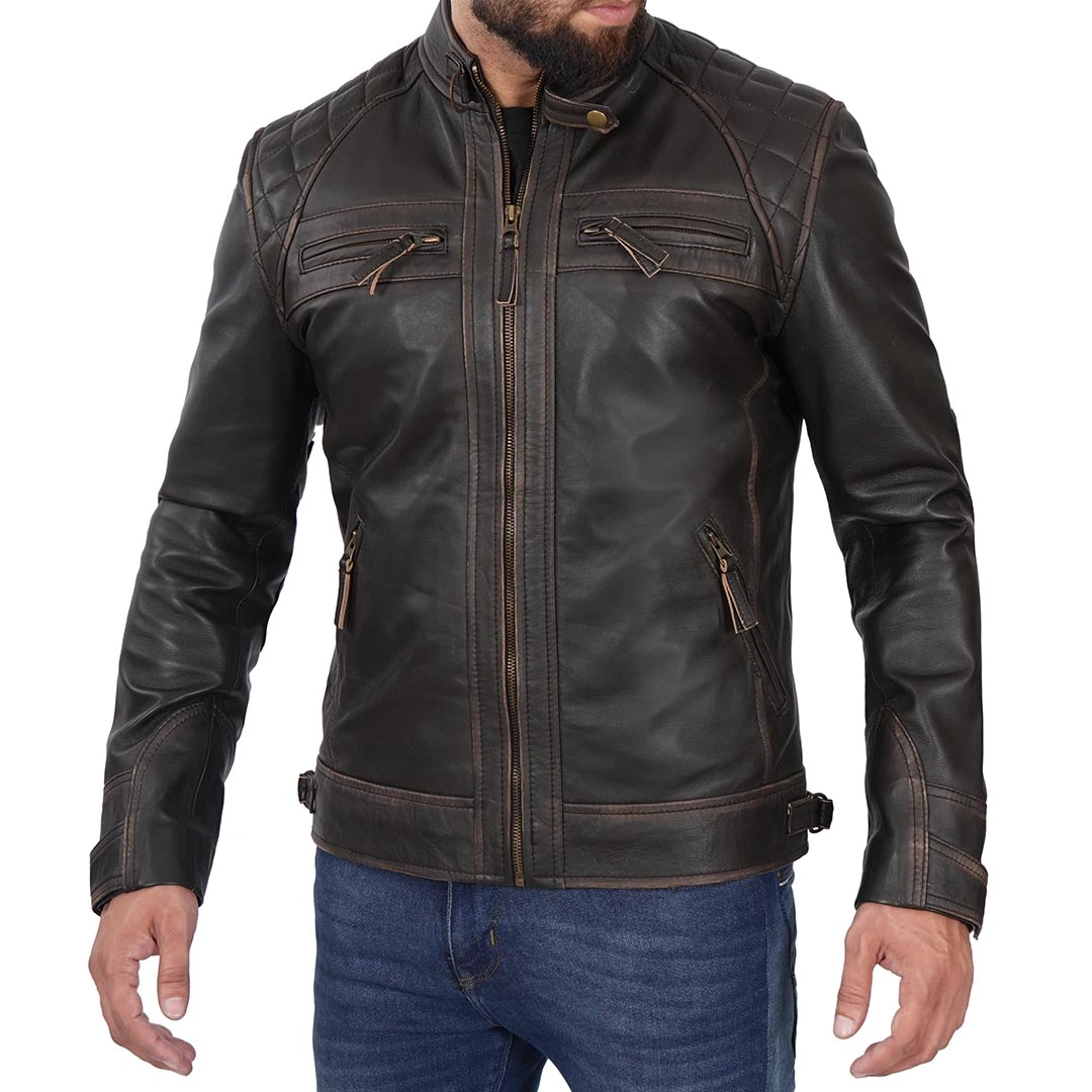 Men's Cafe Racer Distressed Brown Leather Jacket