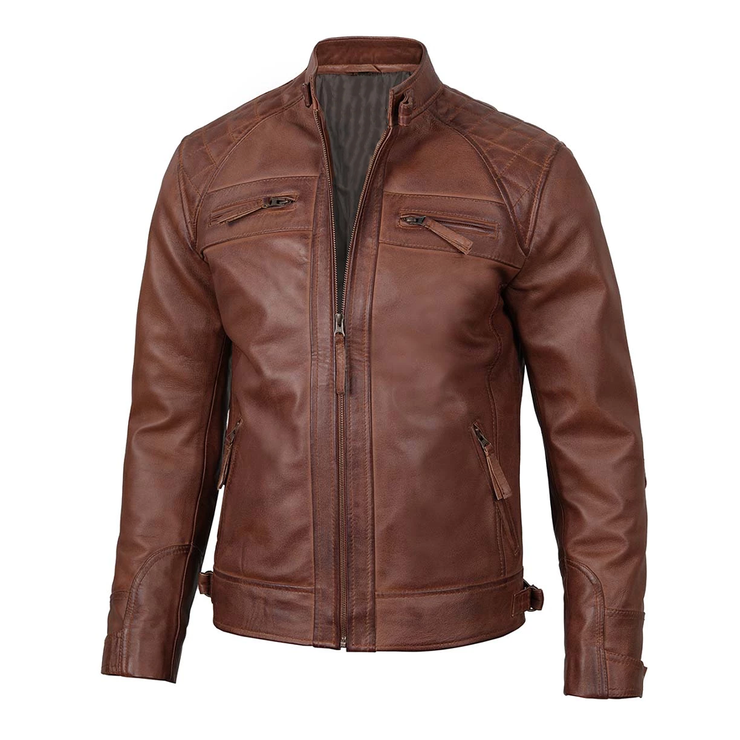 Men's Brown Cognac Racer Quilted Leather Jacket