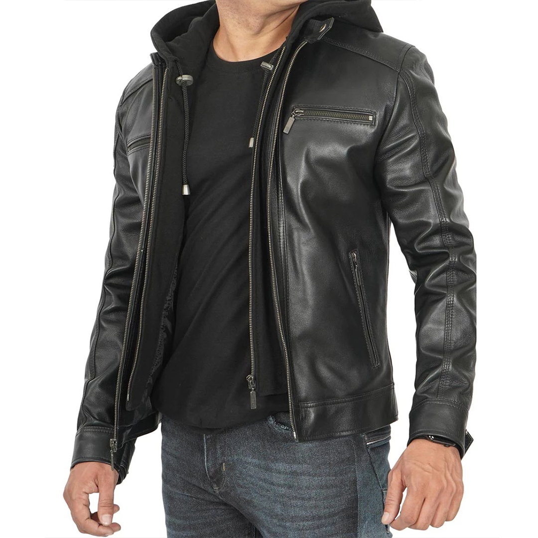 Men's Black Removable Hoodie Leather Racer Jacket