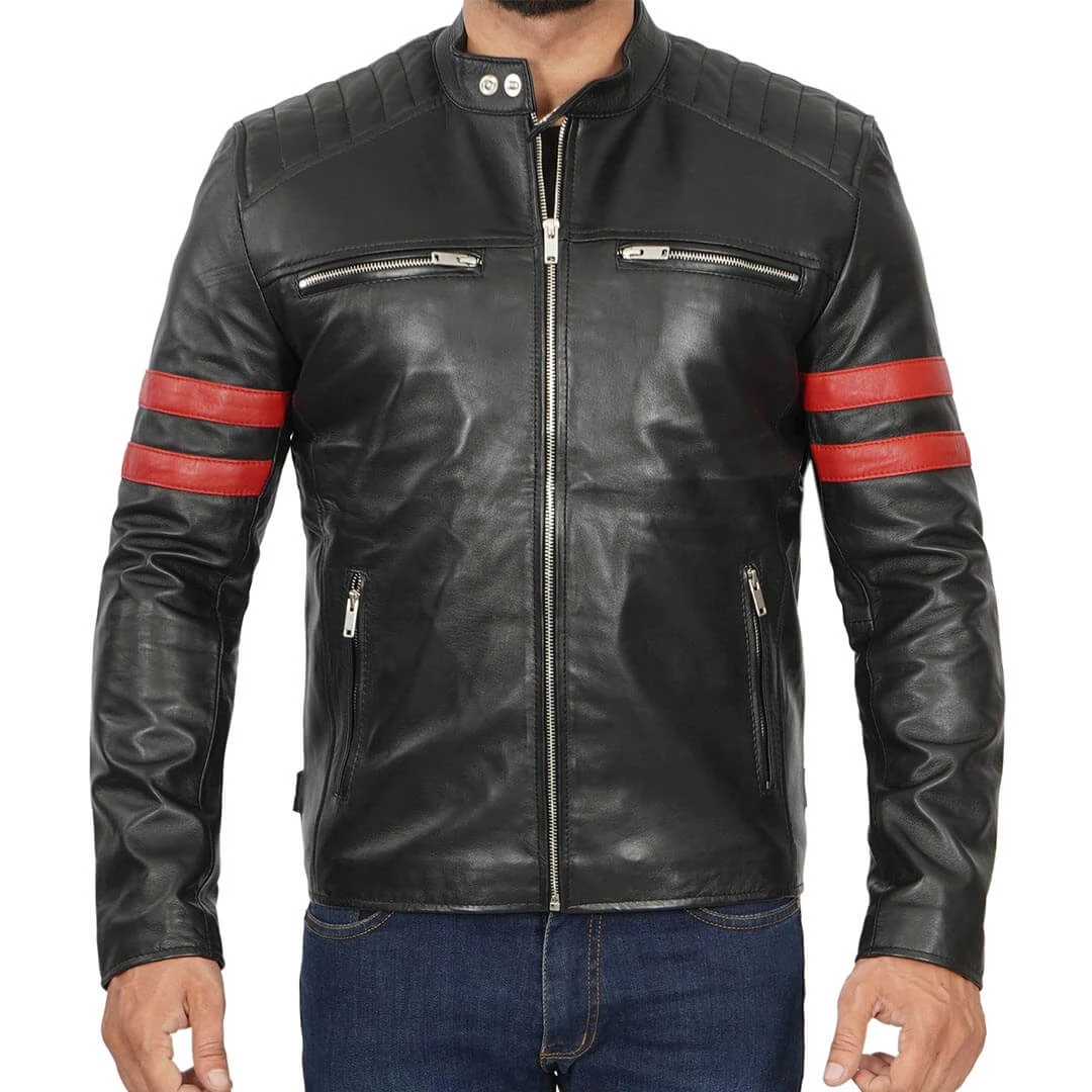 Men's Red Stripes Black Leather Jacket