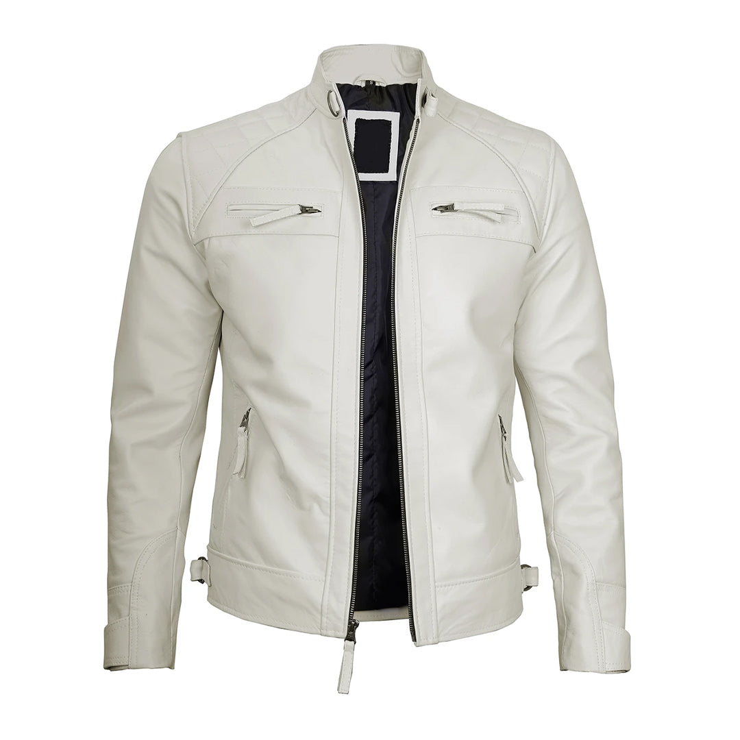 Men's Classic Off White Real Biker Leather Jacket