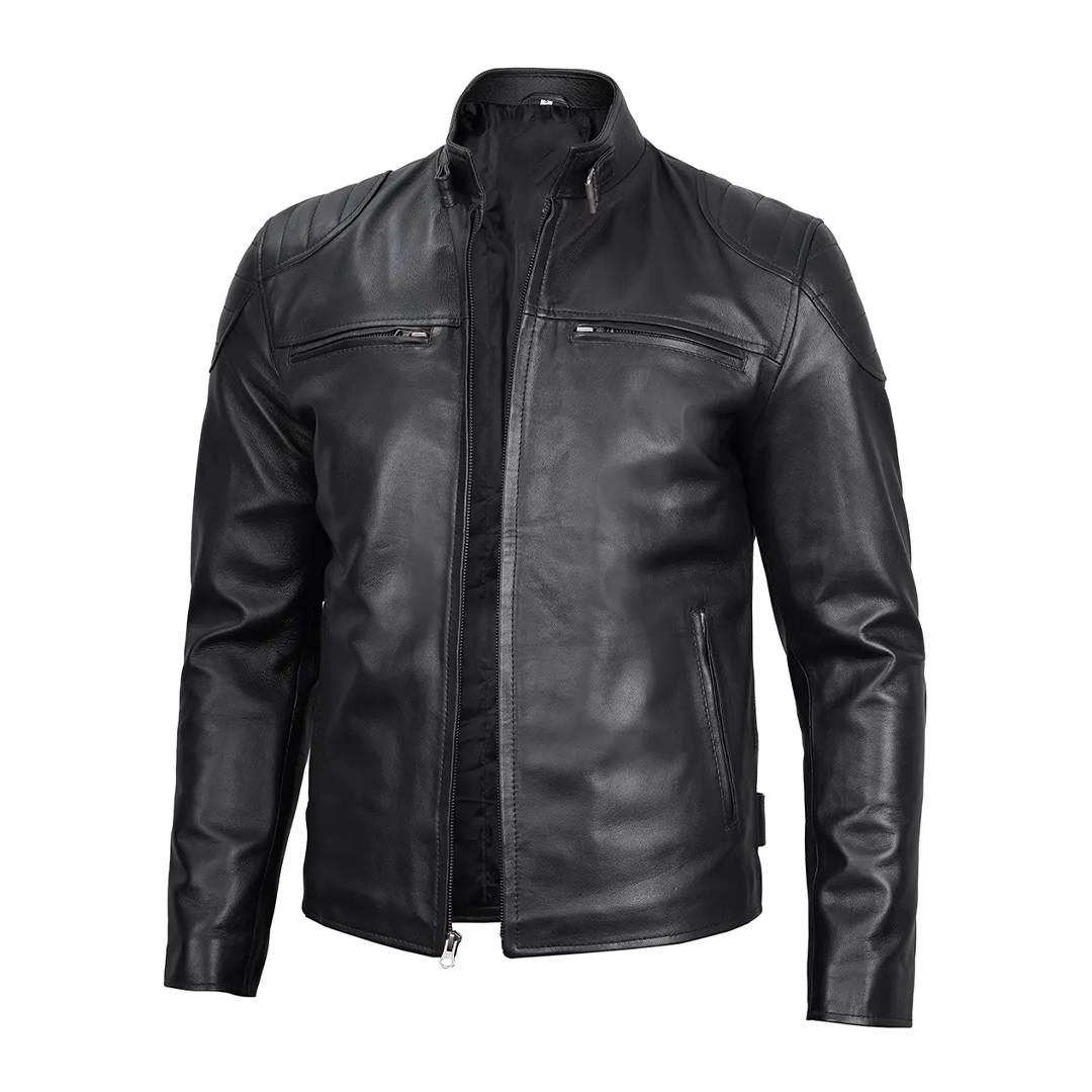 Men's Black Simple Collar Real Leather Jacket