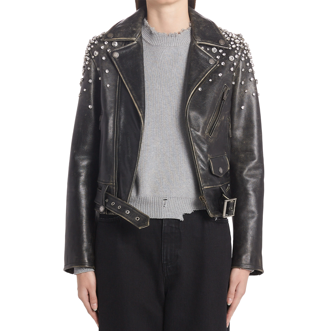 Women's Crystal Embellished Moto Leather Jacket