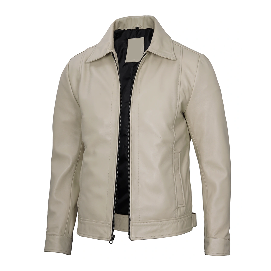 Men's Beige Harrington Real Leather Jacket