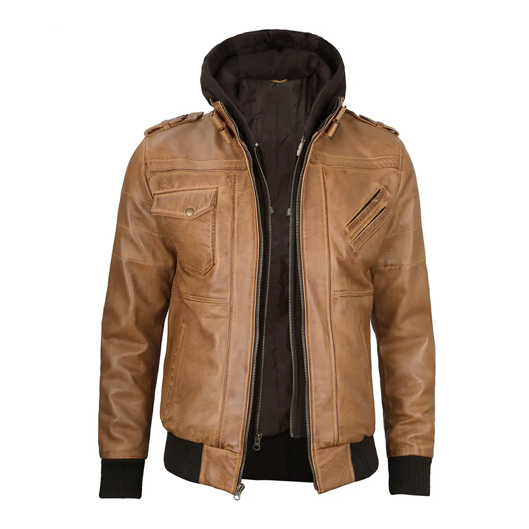 Men's Camel Brown Removable Hood Leather Jacket