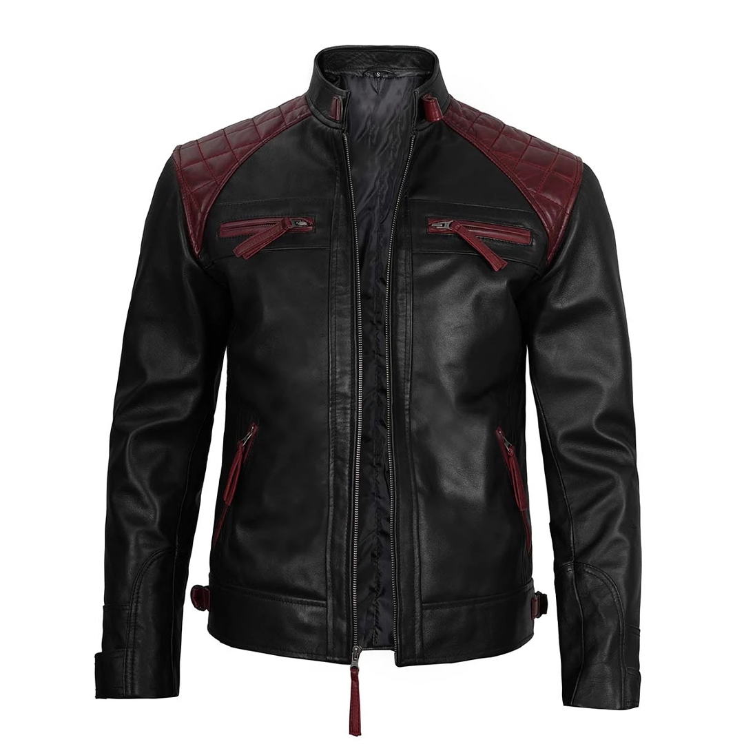 Men's Black and Maroon Quilted Leather Jacket