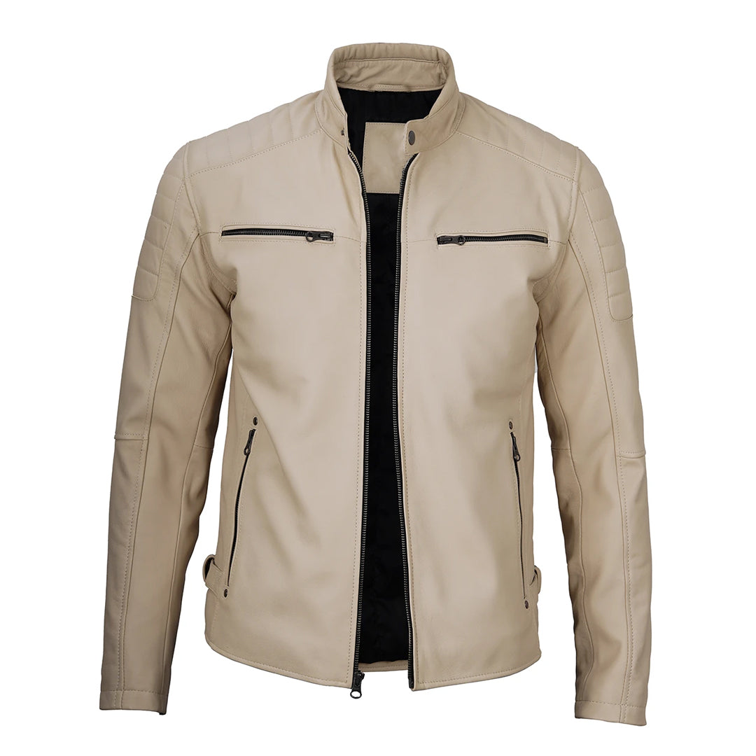 Men's Beige Cafe Real Biker Leather Jacket