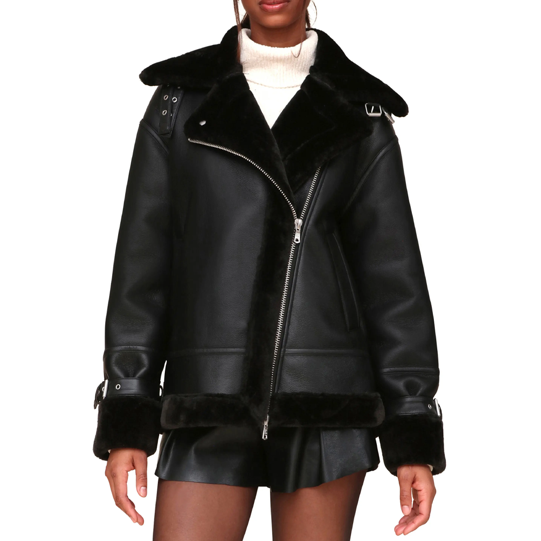 Women's Faux Shearling Oversize Moto Leather Jacket