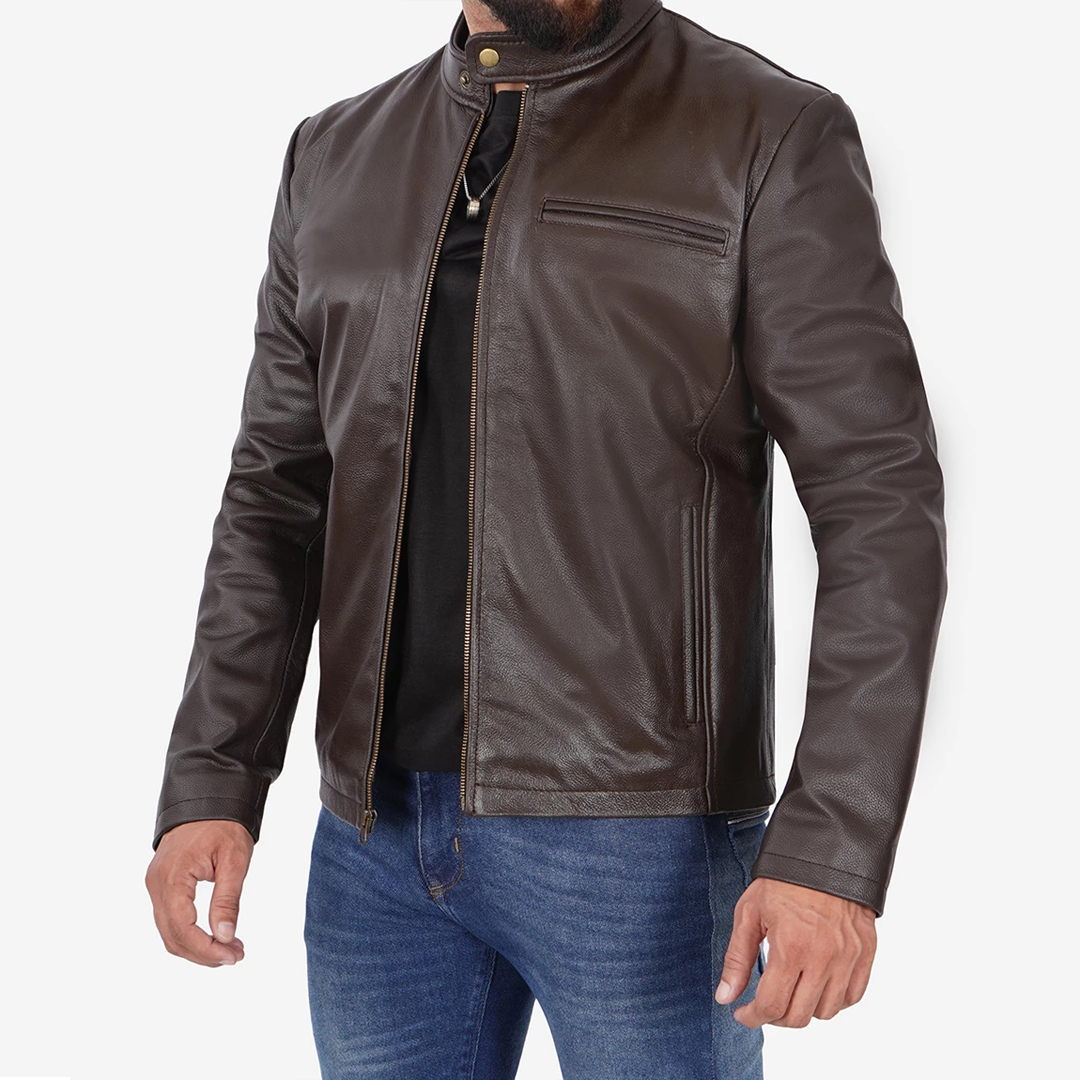 Men's Dark Brown Front Zipper Biker Leather Jacket