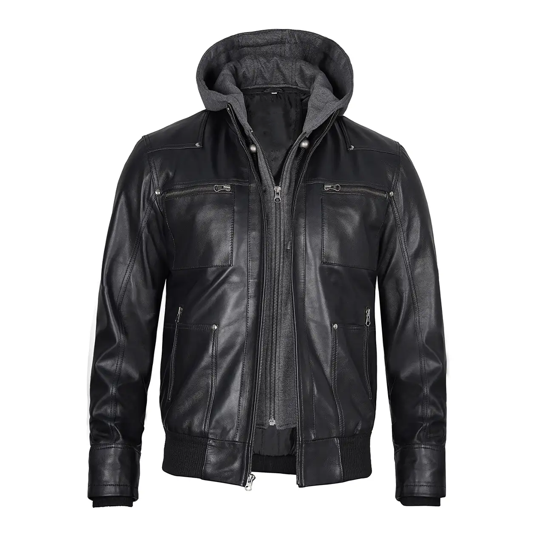 Men's Grey Hoodie Black Leather Jacket