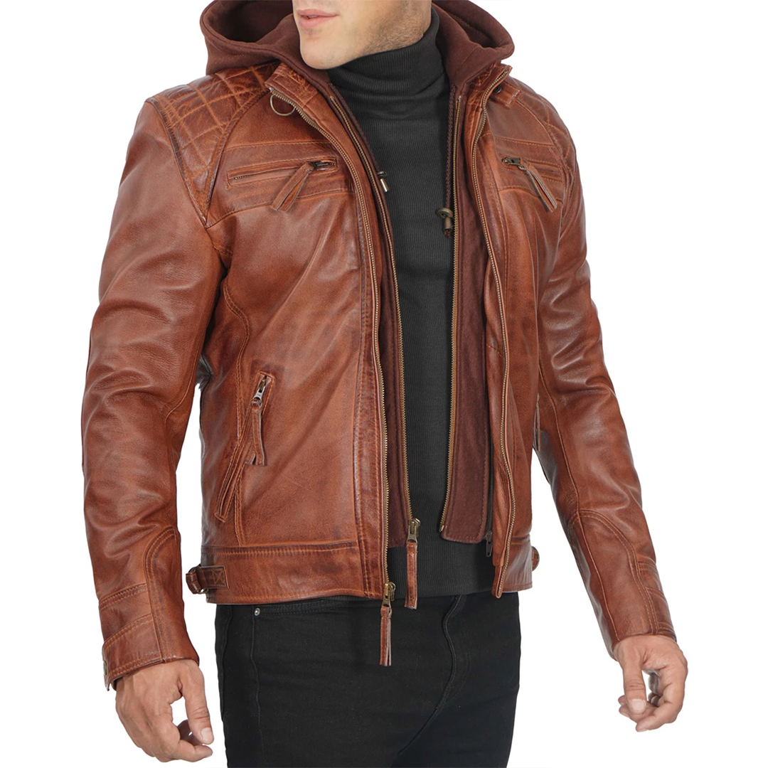 Men's Detachable Hood Johnson Tan Leather Jacket