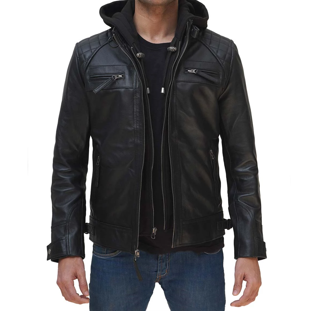 Men's Johnson Hooded Black Leather Jacket