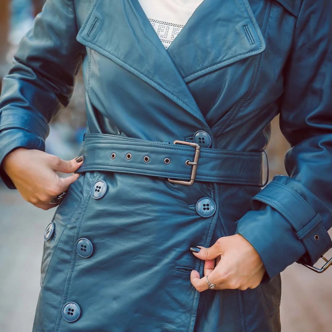 Women's Blue Double Breasted Leather Trench Coat