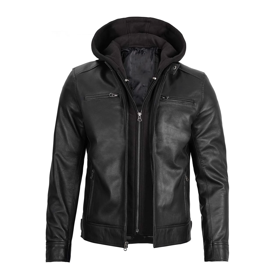 Men's Removable Hoodie Zipper closure Leather Jacket