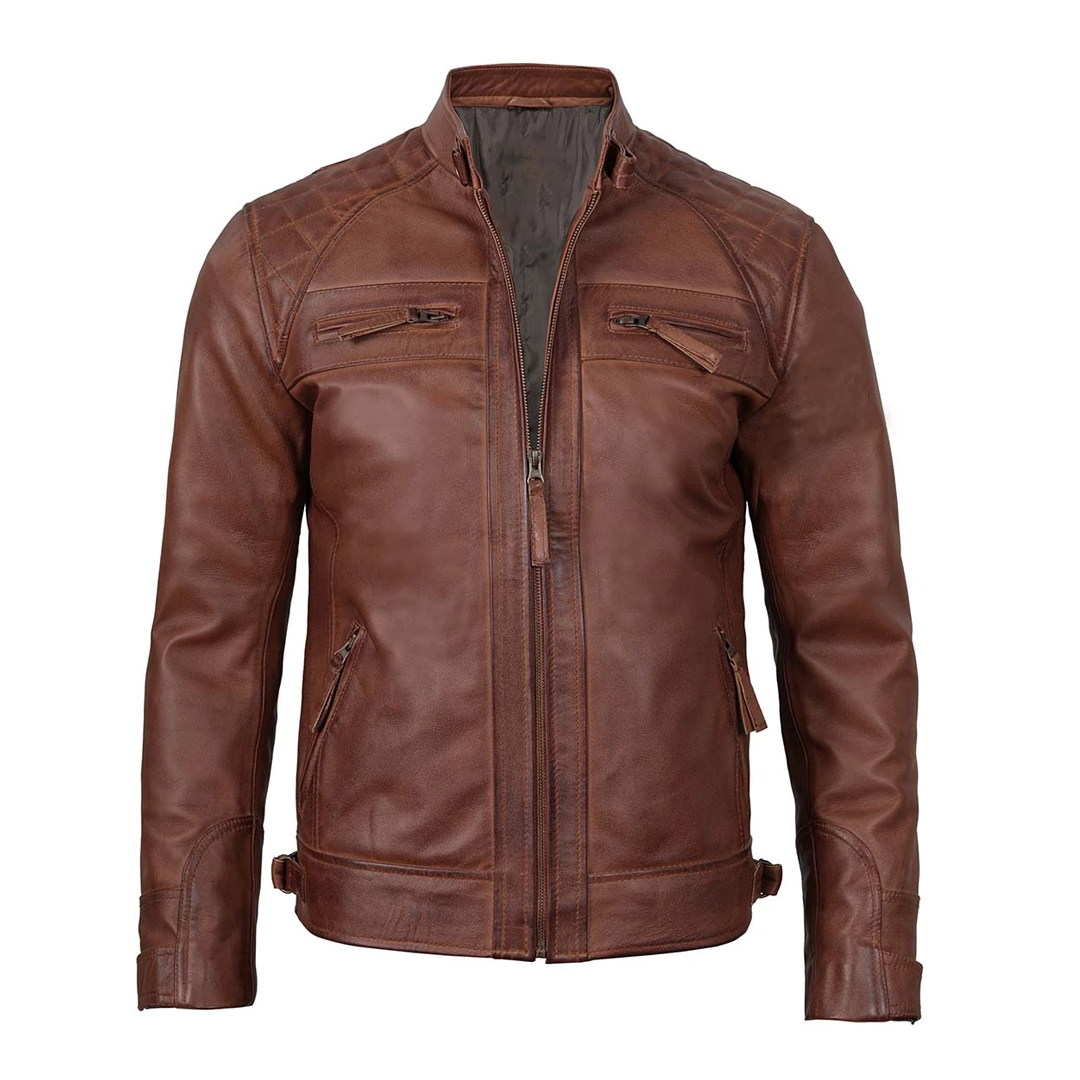 Men's Brown Cognac Racer Quilted Leather Jacket