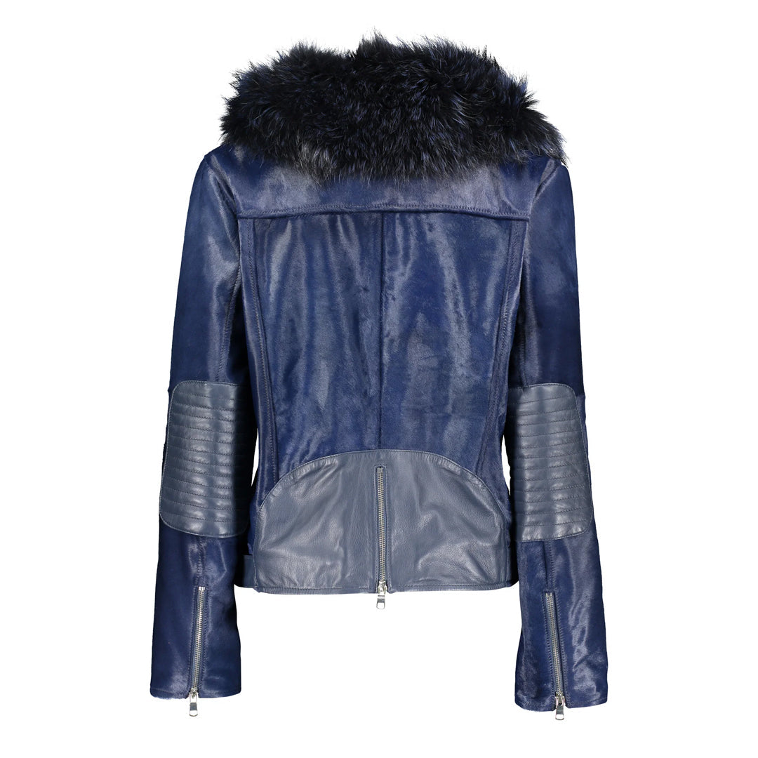 Women's Tara Calf Blue Fur Blue Leather Jacket