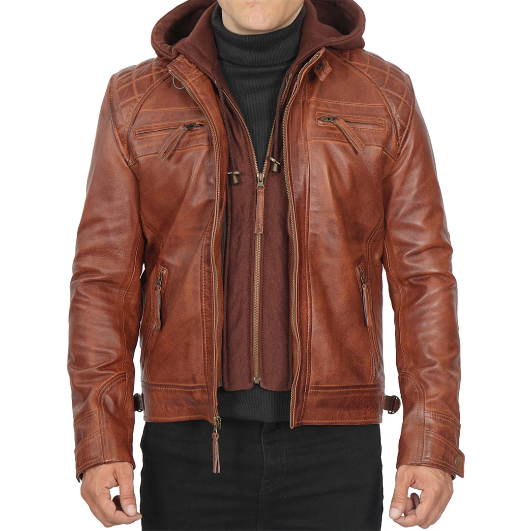 Men's Detachable Hood Johnson Tan Leather Jacket