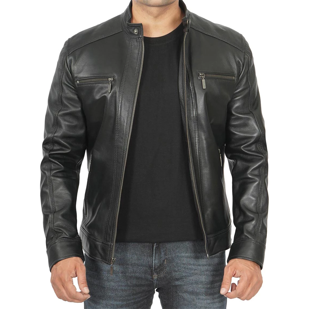 Men's Black Removable Hoodie Leather Racer Jacket