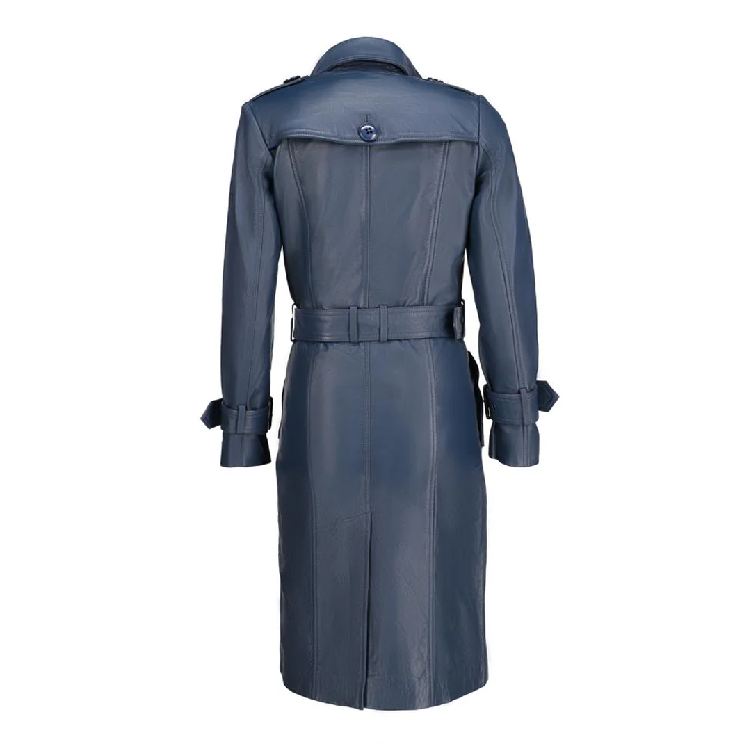 Women's Blue Double Breasted Leather Trench Coat