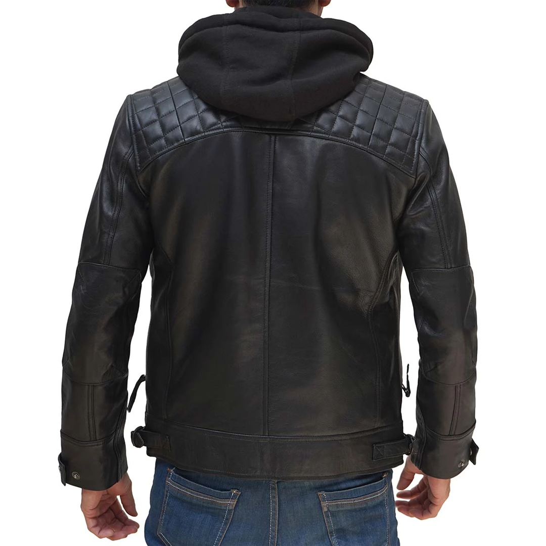 Men's Johnson Hooded Black Leather Jacket