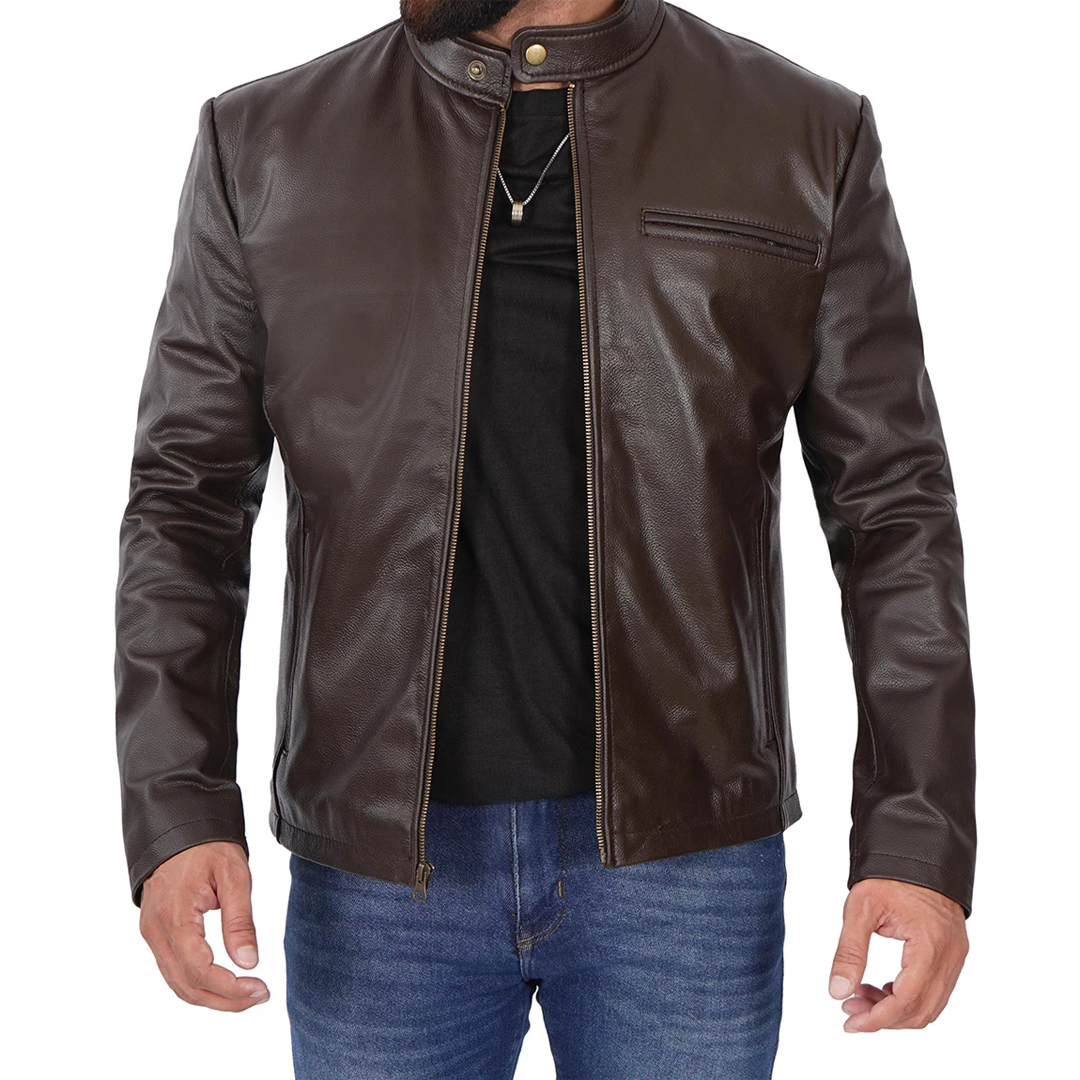 Men's Dark Brown Front Zipper Biker Leather Jacket