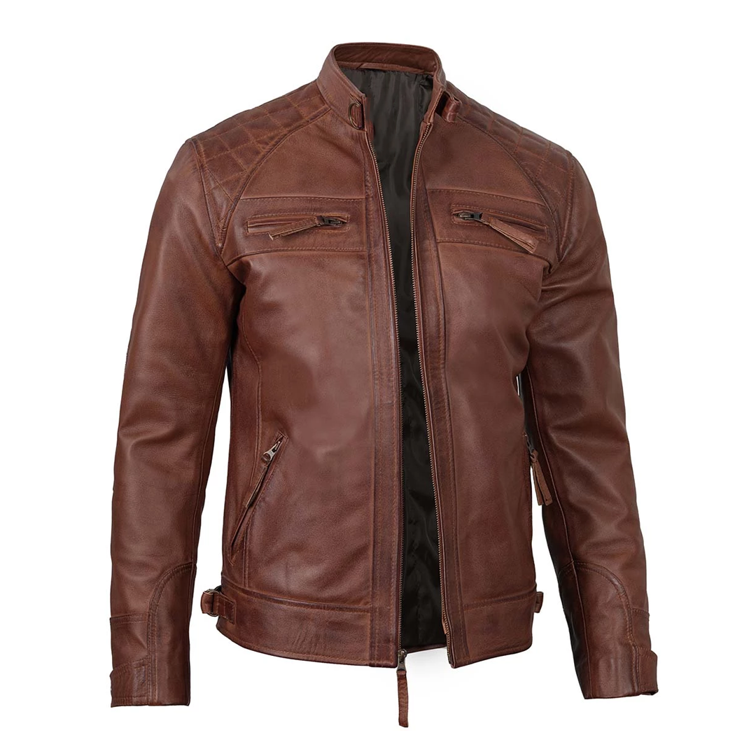 Men's Brown Cognac Racer Quilted Leather Jacket