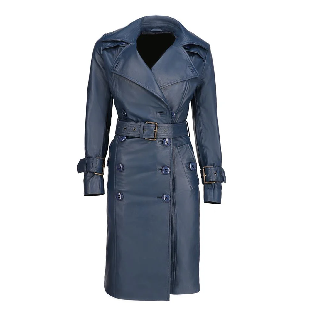 Women's Blue Double Breasted Leather Trench Coat