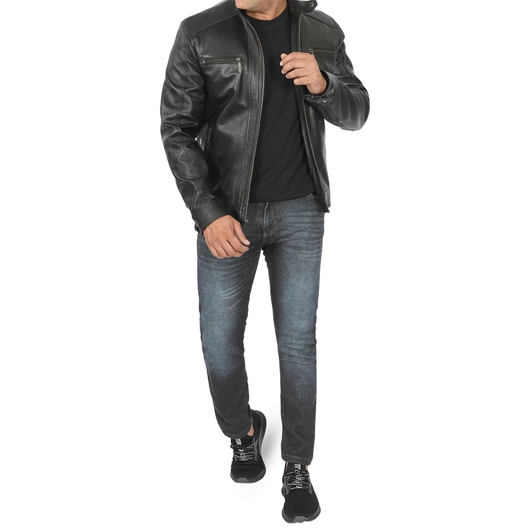 Men's Black Removable Hoodie Leather Racer Jacket