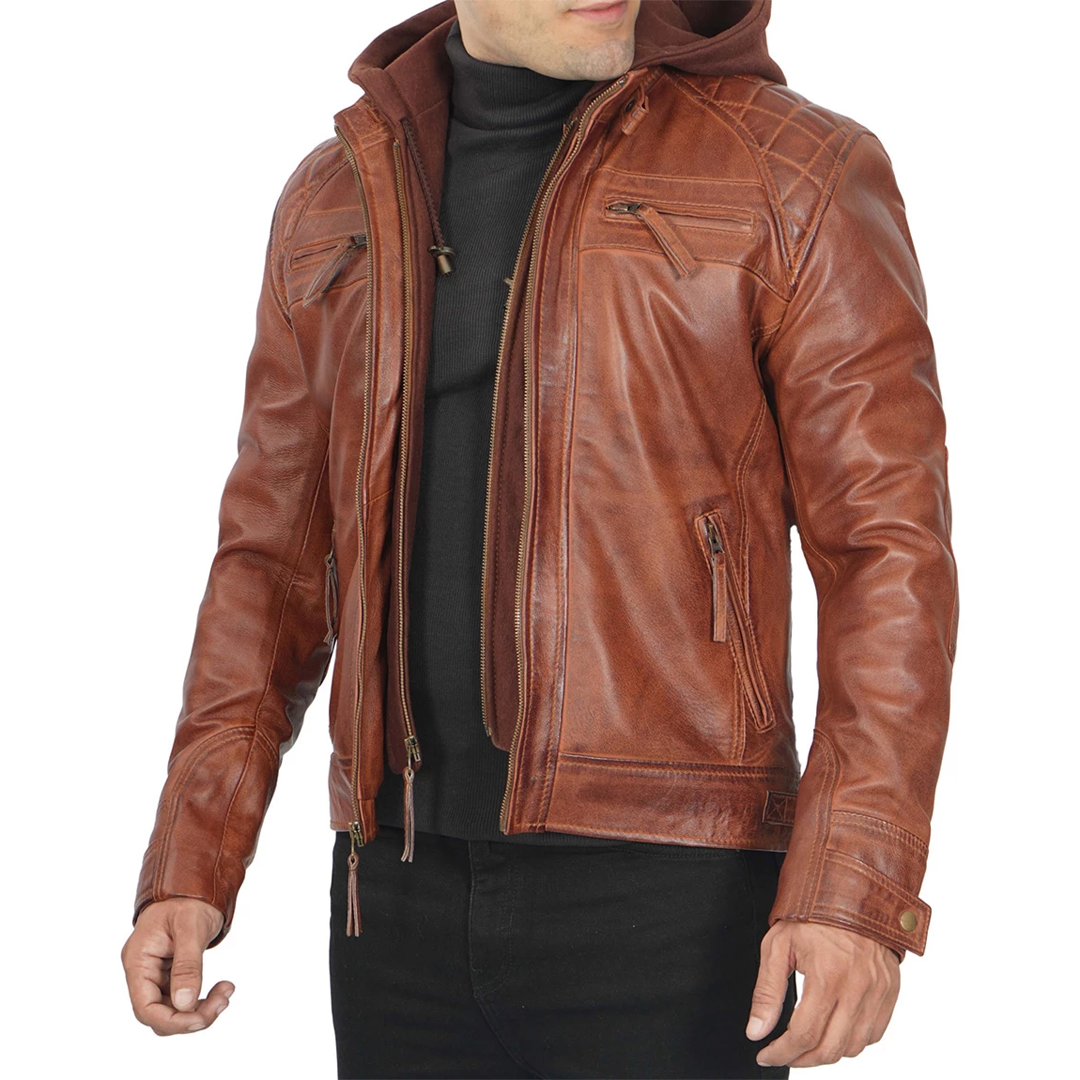 Men's Detachable Hood Johnson Tan Leather Jacket