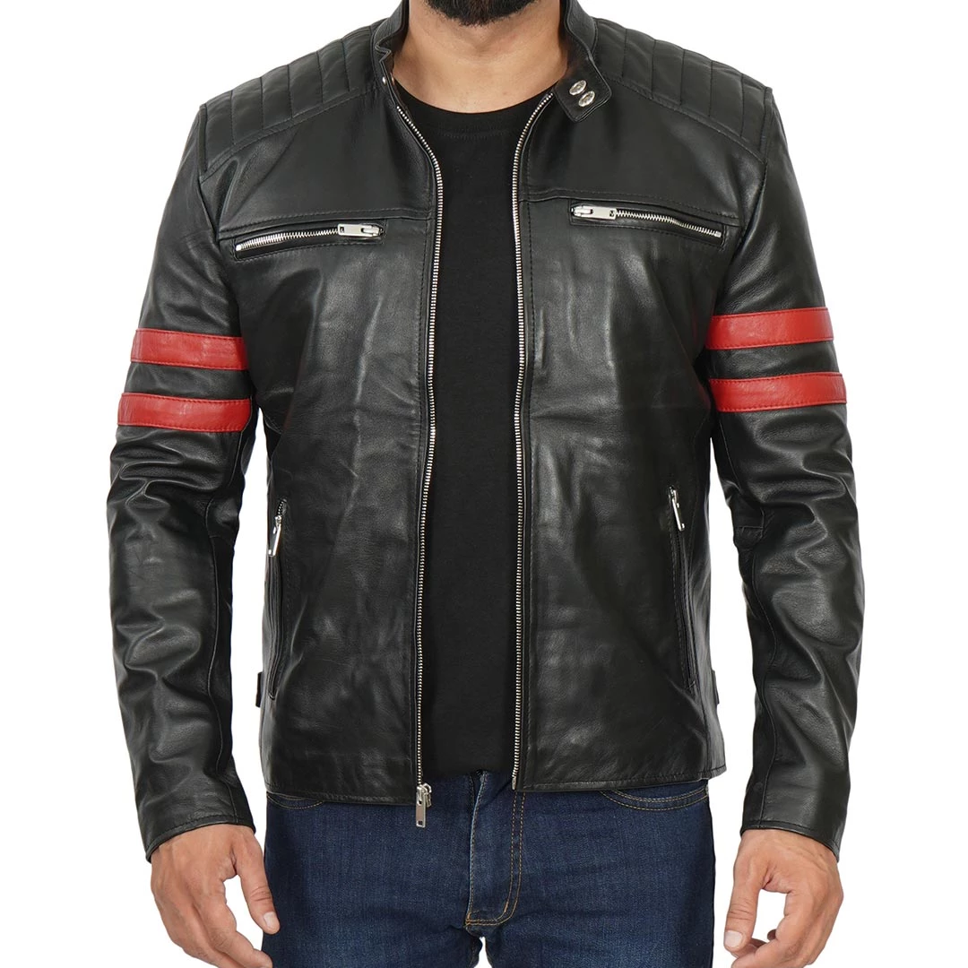 Men's Red Stripes Black Leather Jacket