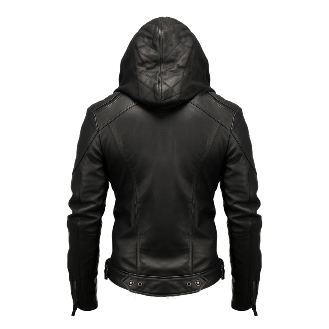 Men's Black Hooded Biker Leather Jacket