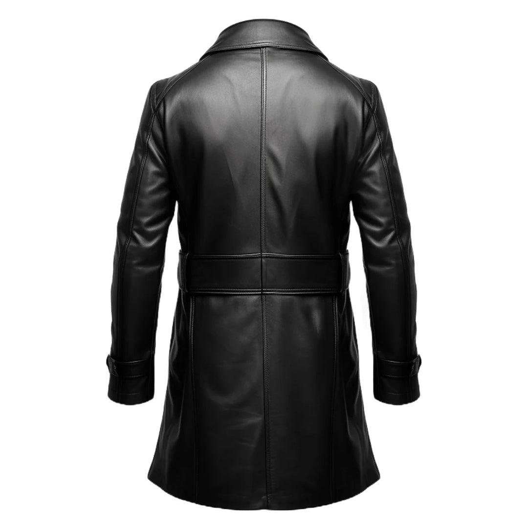 Black Button Closure Style Long Leather Coat