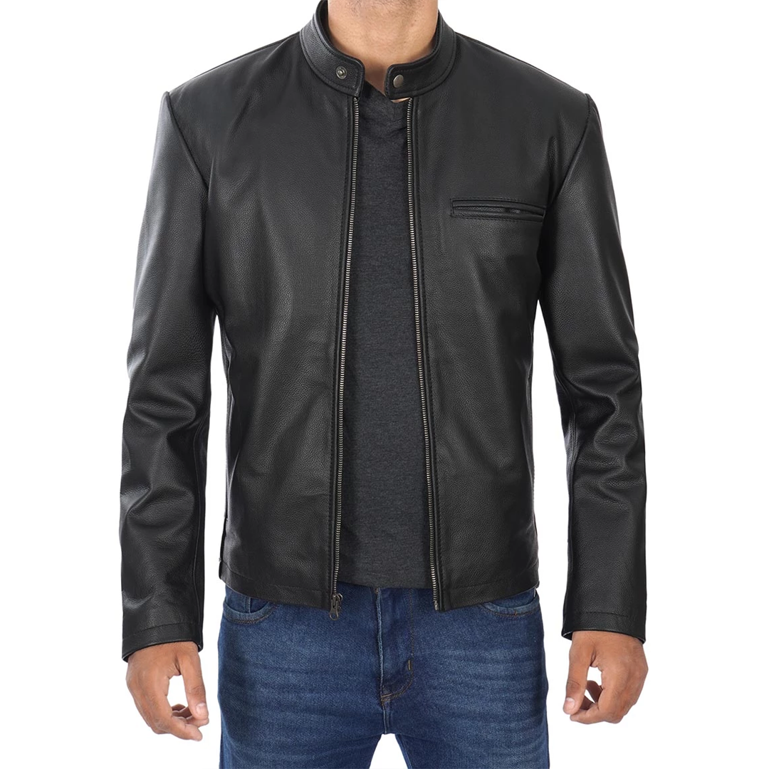 Men's Black Snap Collar Biker Leather Jacket